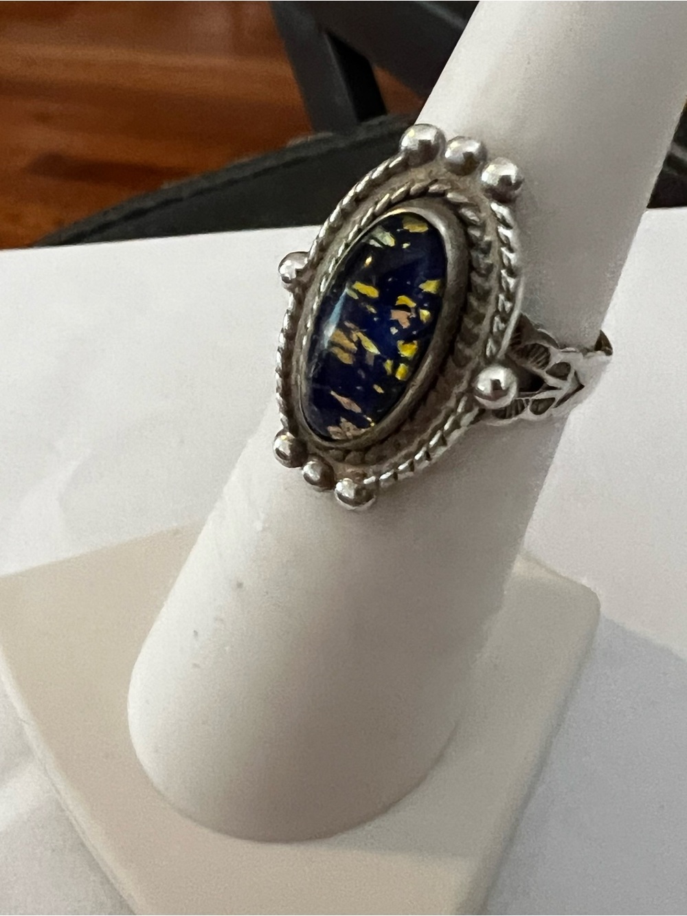 Sterling Silver Oval Blue and Gold Inlay Ring Lapis gold flex.